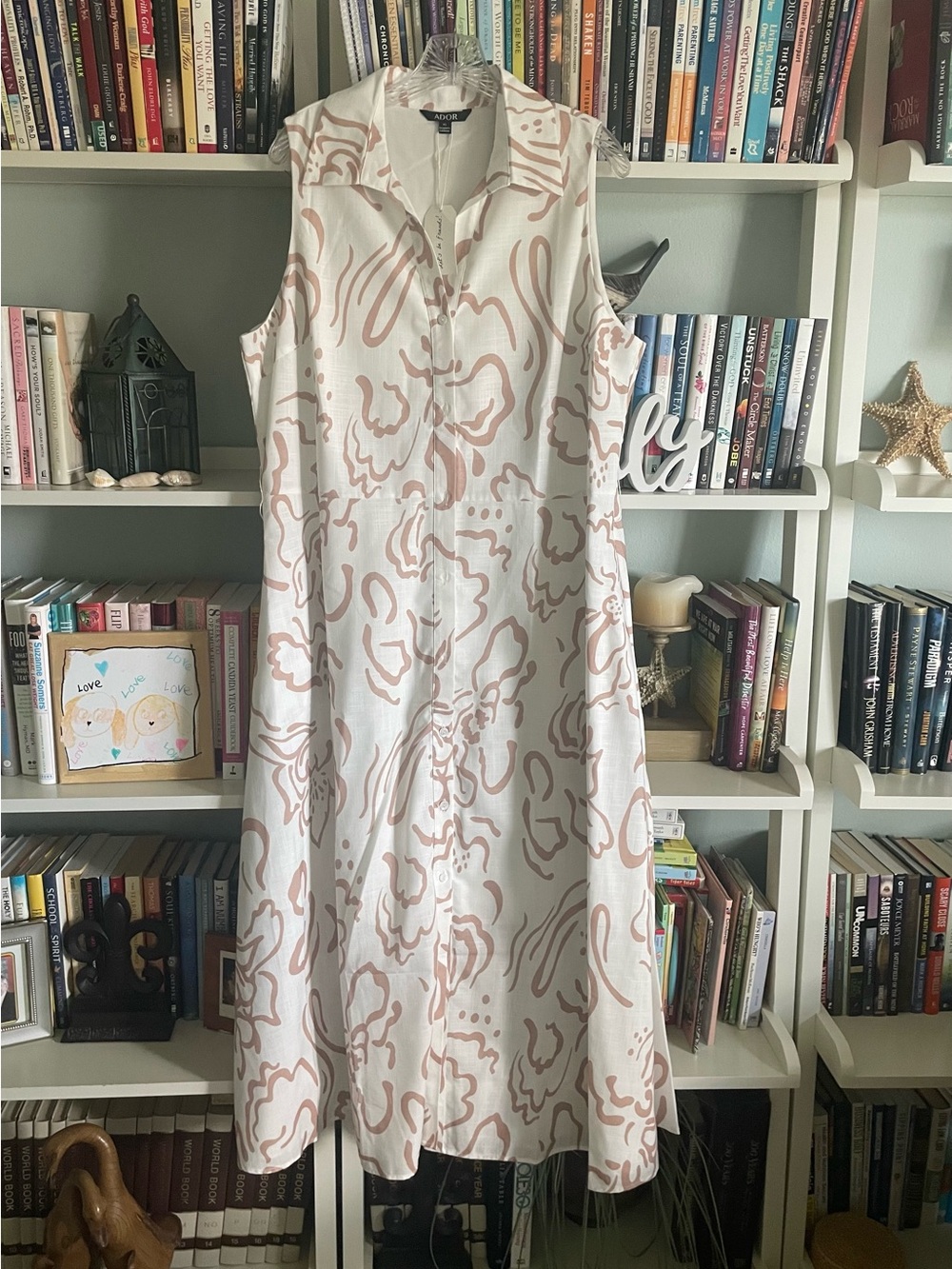 ADOR White & Tan Sleeveless Midi Dress.